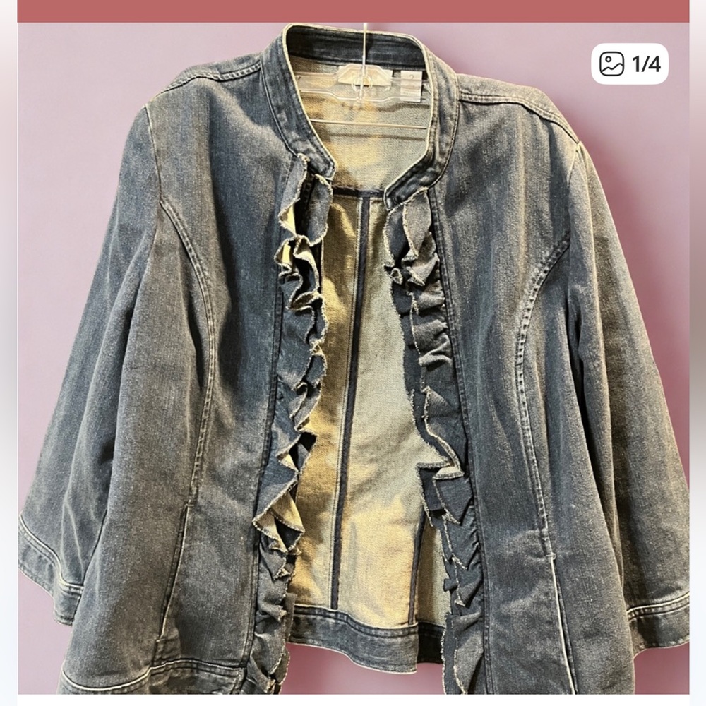 Chico's Blue Ruffle Open-Front Denim Jacket - Picture 3 of 5